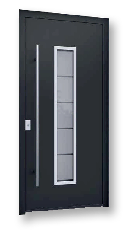 Donkergrijze moderne voordeur met verticale glazen inzets met metalen omlijsting en een lange, verticale handgreep.
