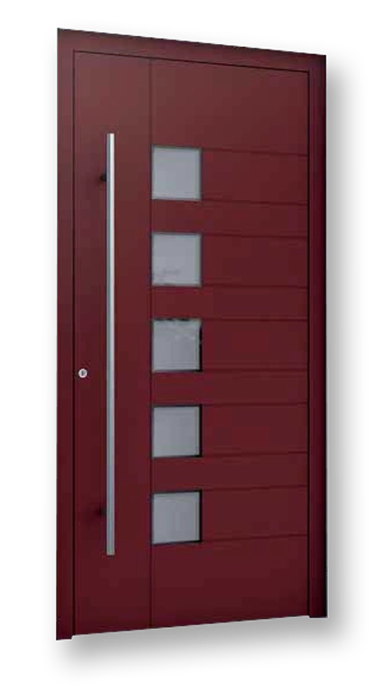 Moderne donkerrode voordeur met vijf vierkante glazen panelen en een lange verticale handgreep.
